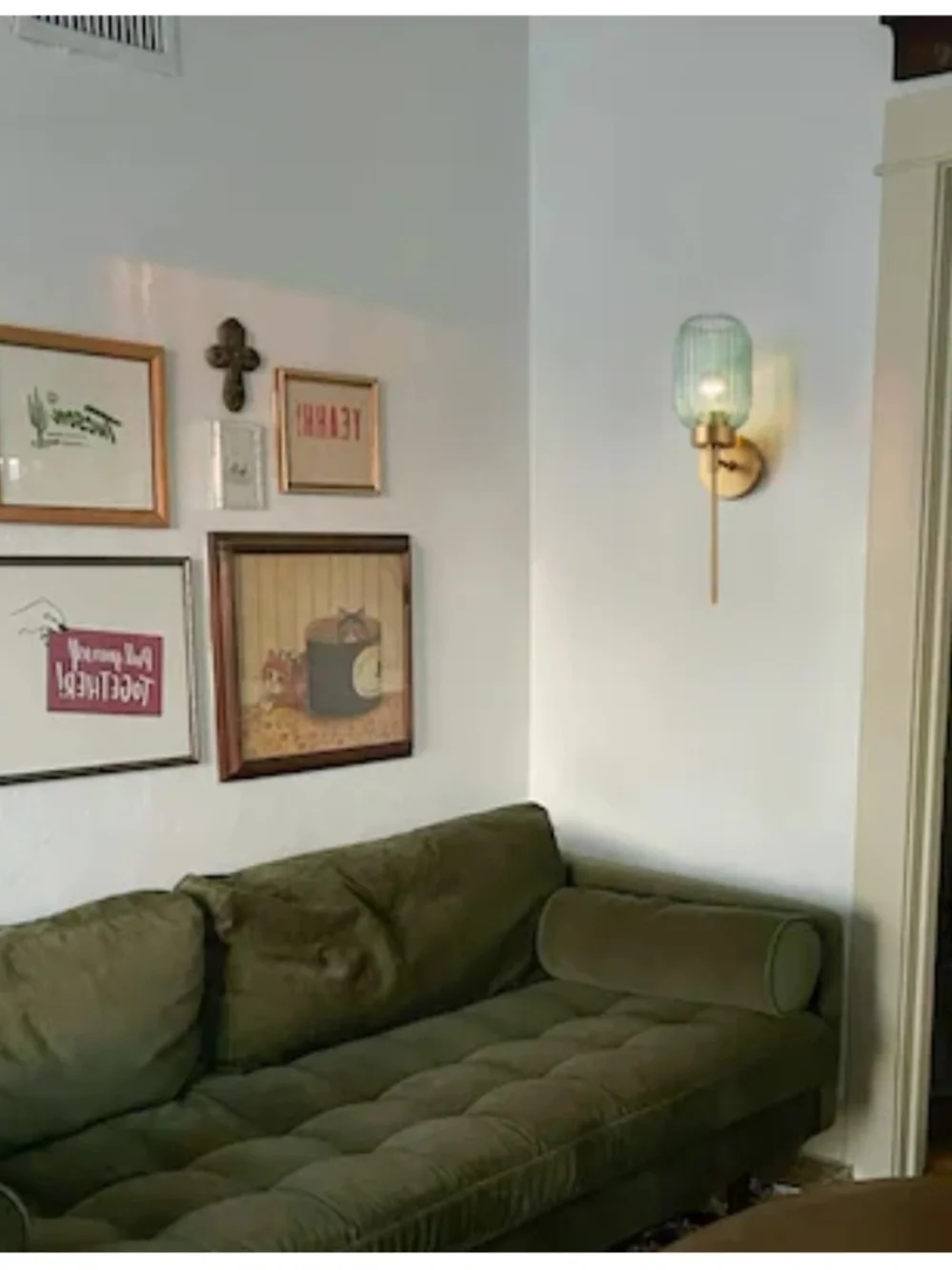 Brass Wall Lantern with Green Ribbed Glass Shade